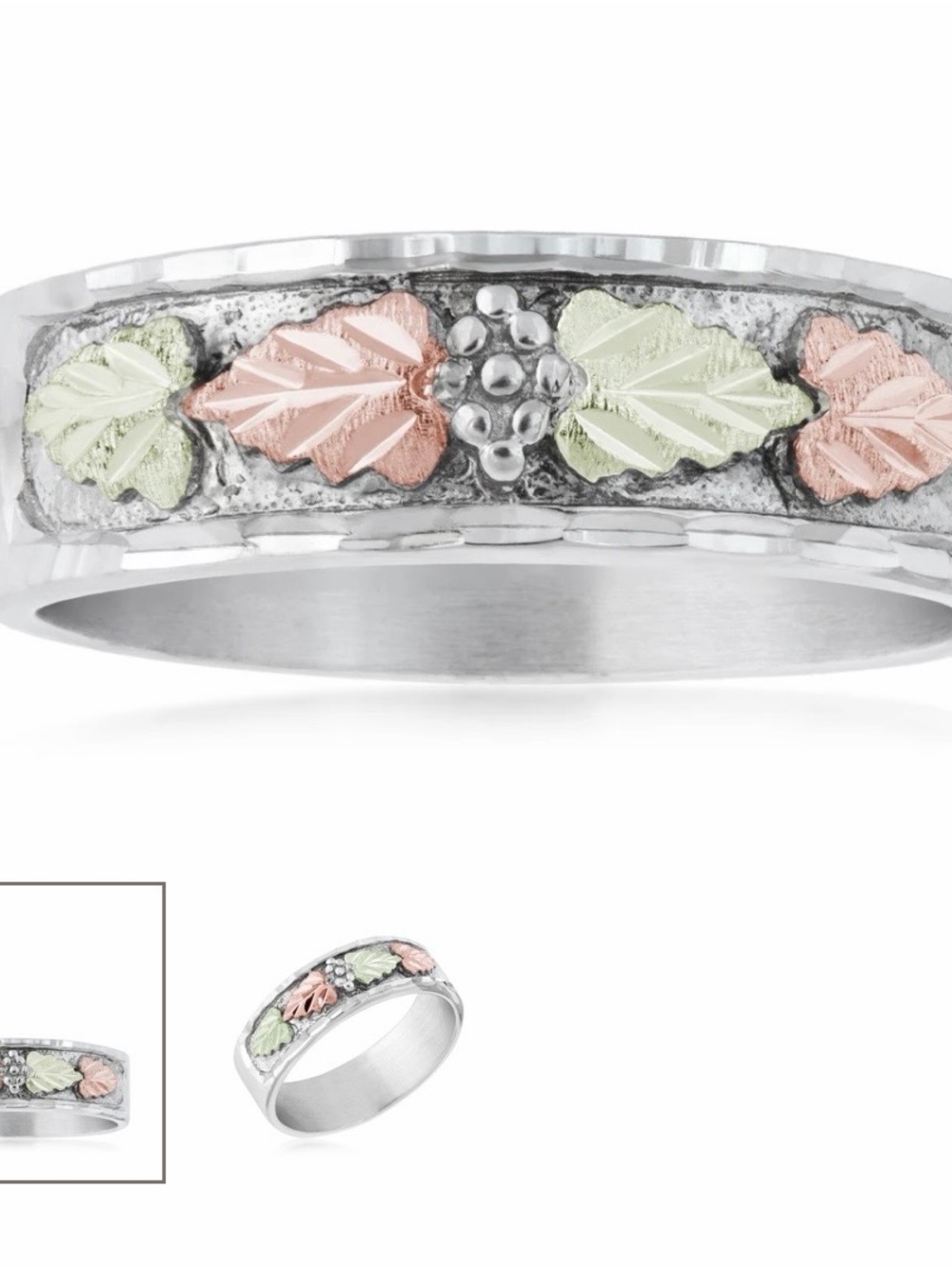 Tri-Tone Leaf Accent Ring — Rose & Light Green Leaves on Silver Band